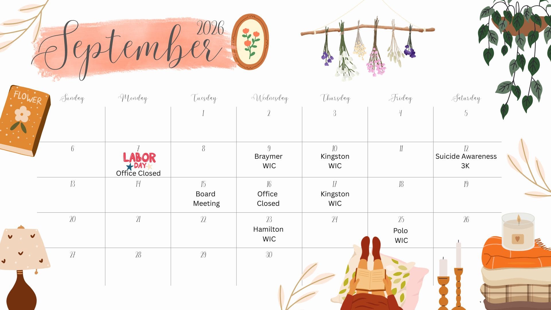 Peach White and Green Illustrated September Calendar