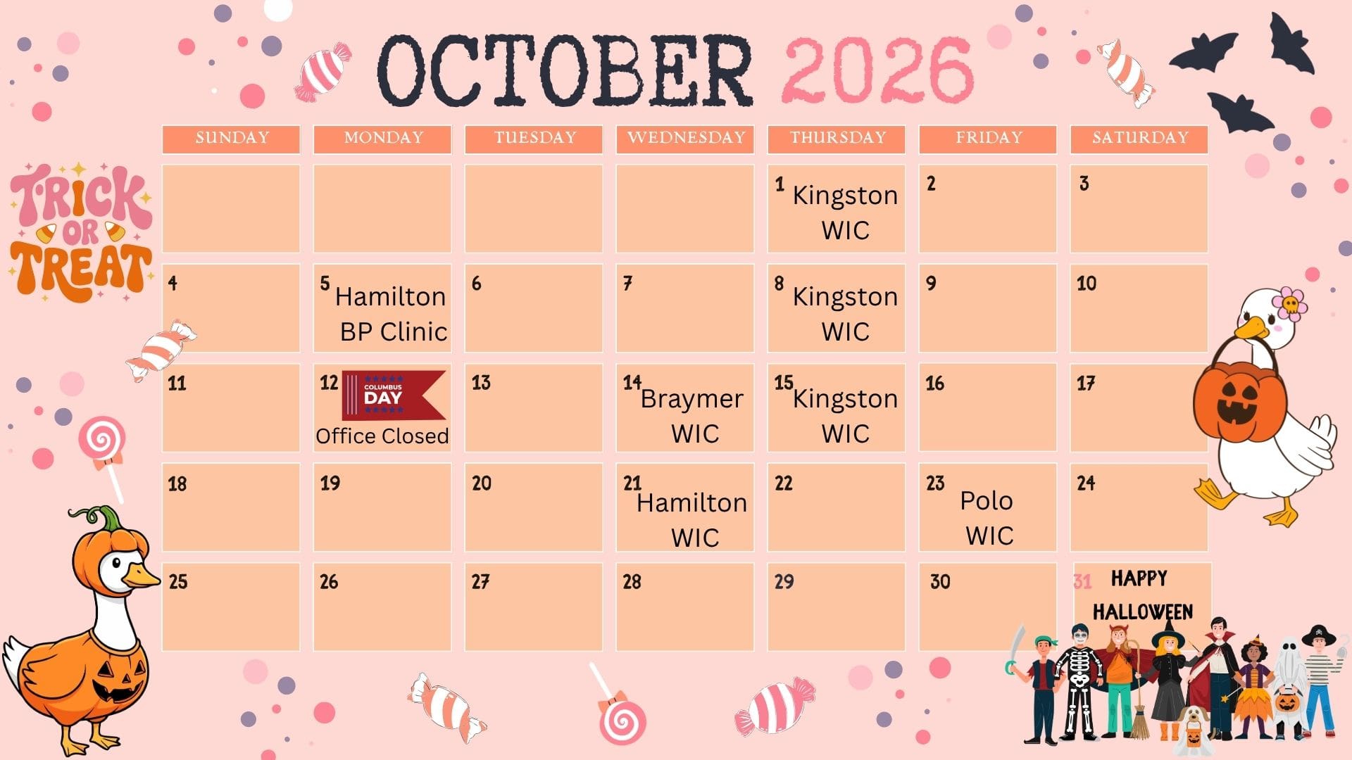 Pink and Orange Playful Halloween October 2026 Cartoon Calendar